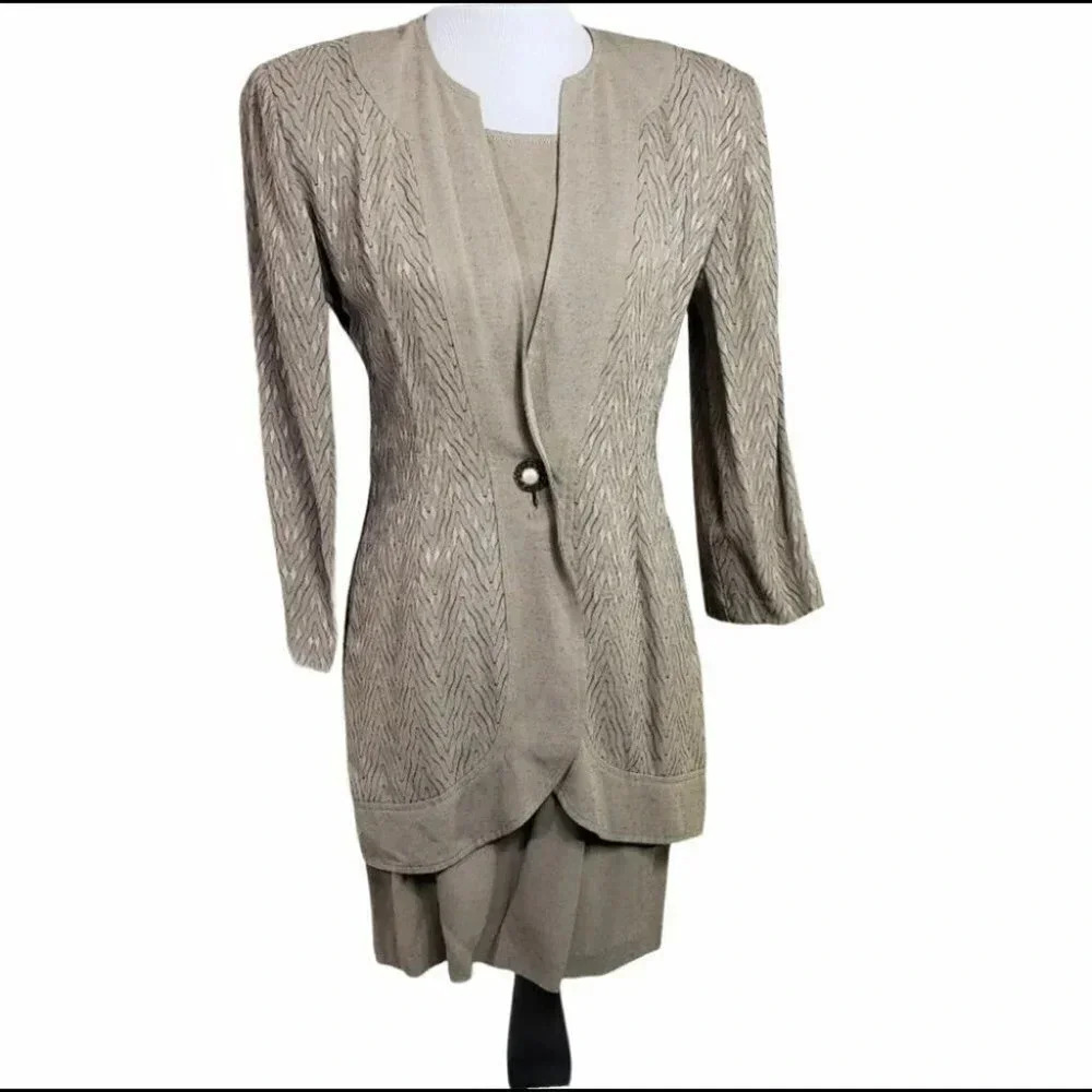 Dani Michaels 2-Piece Dress Suit Size 10‎ Taupe Textured Knit Long Jacket Dress